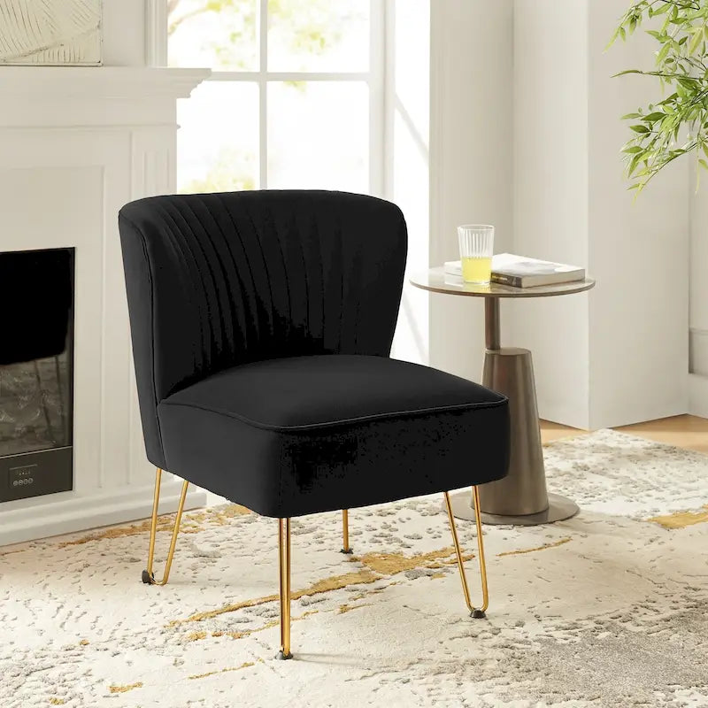 Channel-Tufted Velvet Accent Chair with Golden Metal Legs, Armless Side Chair