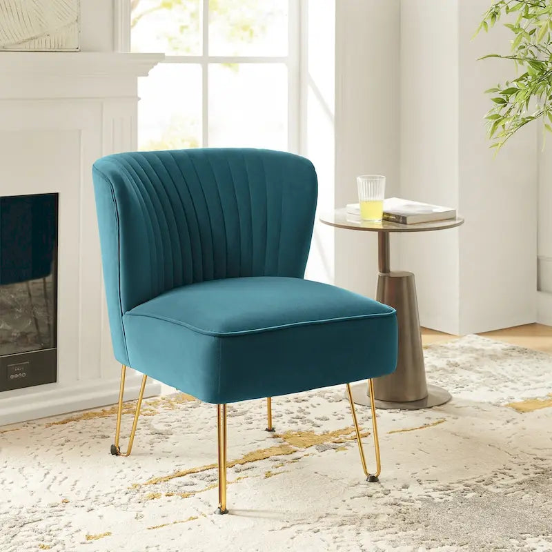 Channel-Tufted Velvet Accent Chair with Golden Metal Legs, Armless Side Chair
