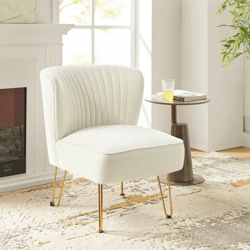 Channel-Tufted Velvet Accent Chair with Golden Metal Legs, Armless Side Chair
