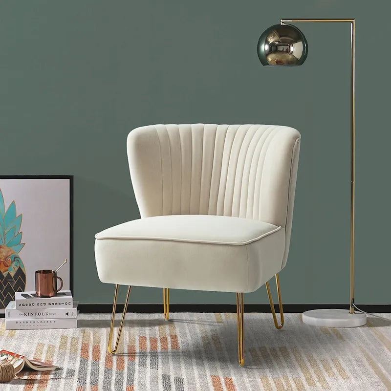 Channel-Tufted Velvet Accent Chair with Golden Metal Legs, Armless Side Chair