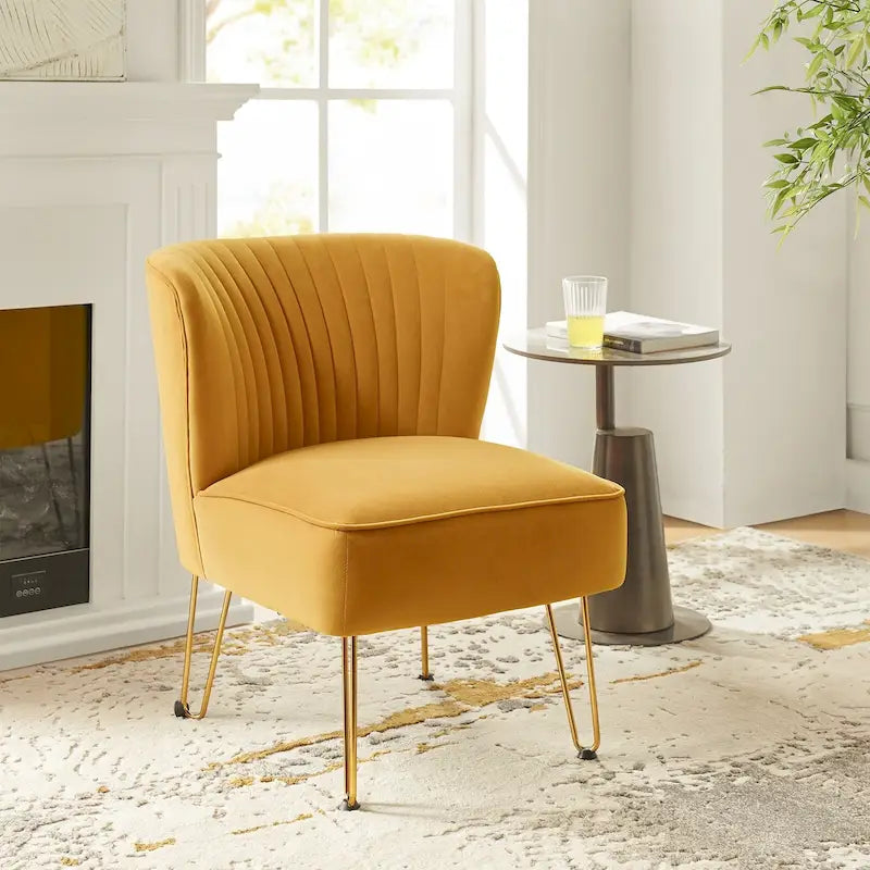 Channel-Tufted Velvet Accent Chair with Golden Metal Legs, Armless Side Chair