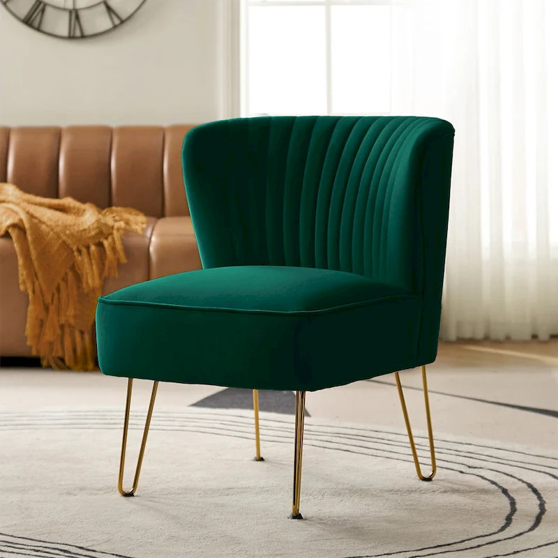 Channel-Tufted Velvet Accent Chair with Golden Metal Legs, Armless Side Chair