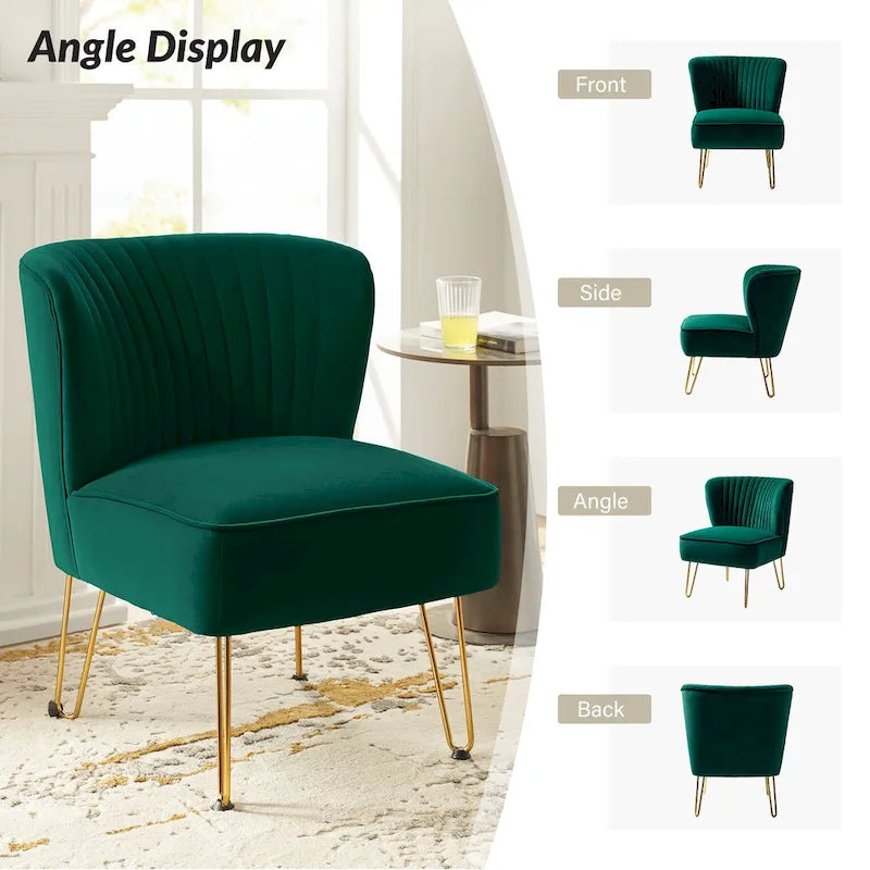 Channel-Tufted Velvet Accent Chair with Golden Metal Legs, Armless Side Chair