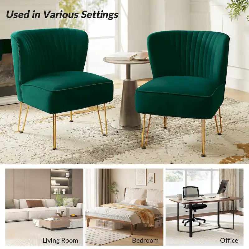 Channel-Tufted Velvet Accent Chair with Golden Metal Legs, Armless Side Chair