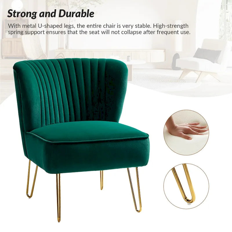 Channel-Tufted Velvet Accent Chair with Golden Metal Legs, Armless Side Chair