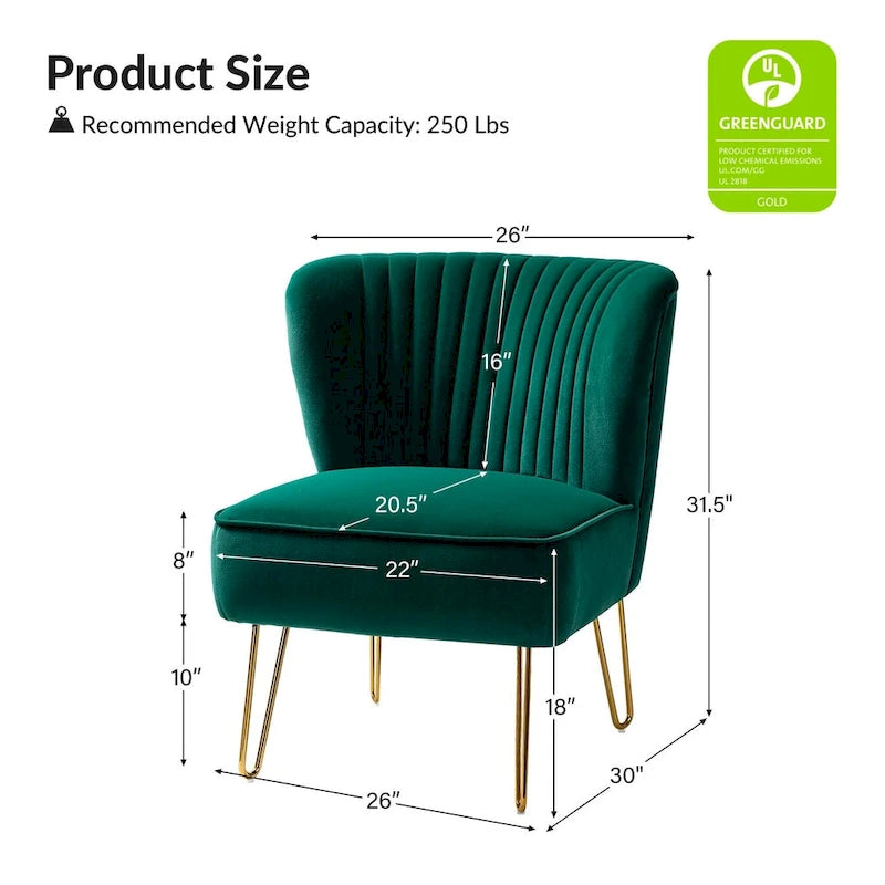 Channel-Tufted Velvet Accent Chair with Golden Metal Legs, Armless Side Chair