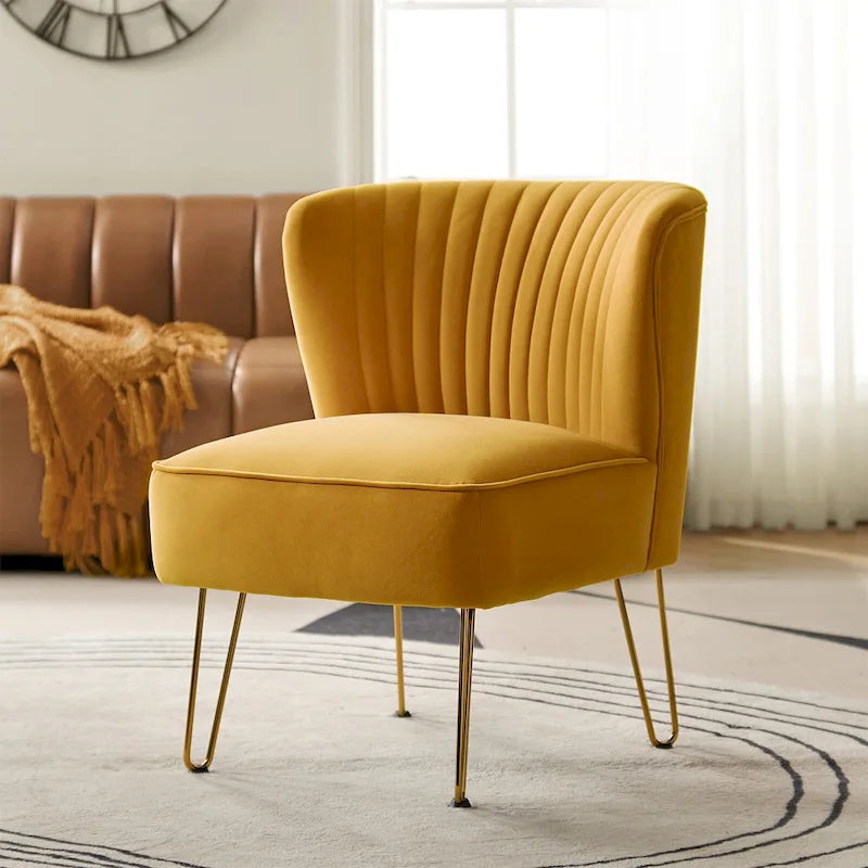 Channel-Tufted Velvet Accent Chair with Golden Metal Legs, Armless Side Chair