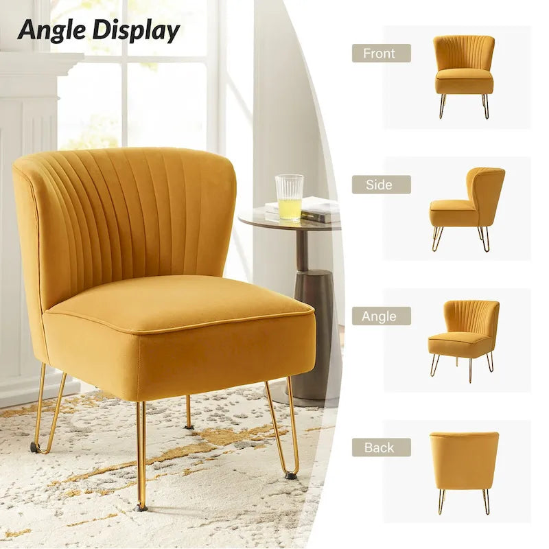 Channel-Tufted Velvet Accent Chair with Golden Metal Legs, Armless Side Chair