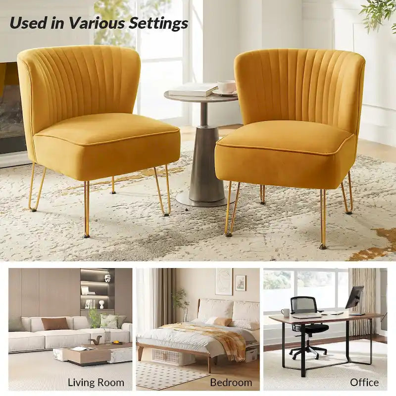 Channel-Tufted Velvet Accent Chair with Golden Metal Legs, Armless Side Chair
