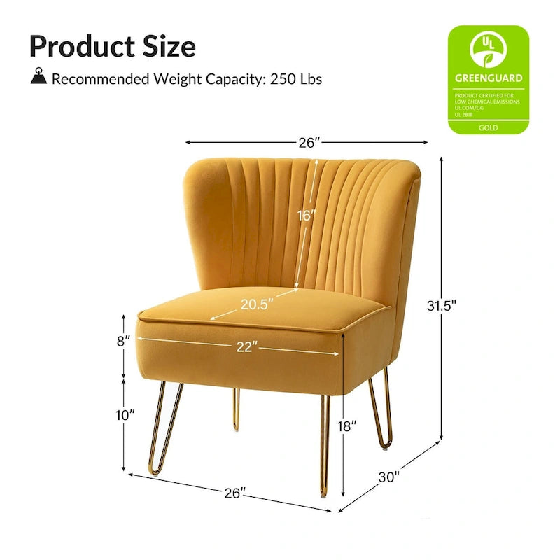 Channel-Tufted Velvet Accent Chair with Golden Metal Legs, Armless Side Chair