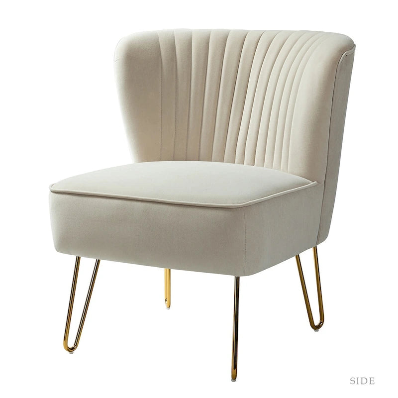Channel-Tufted Velvet Accent Chair with Golden Metal Legs, Armless Side Chair