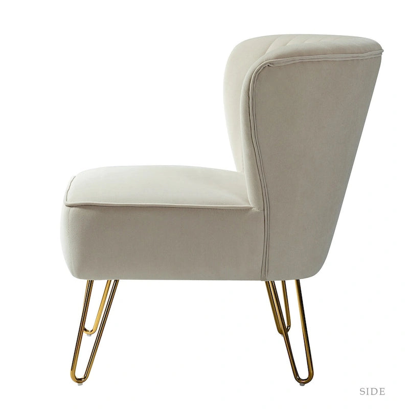 Channel-Tufted Velvet Accent Chair with Golden Metal Legs, Armless Side Chair