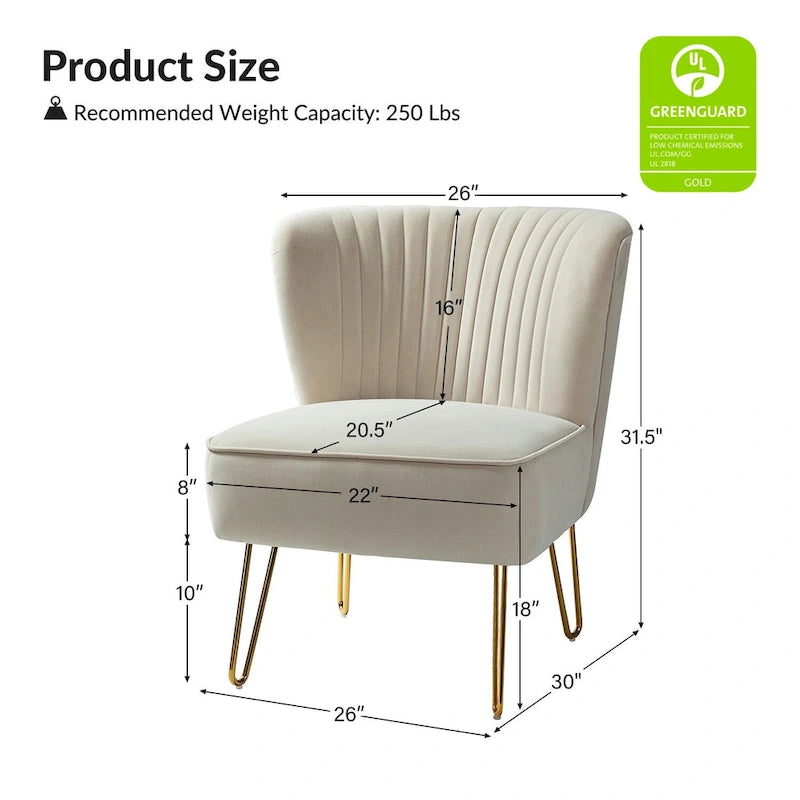 Channel-Tufted Velvet Accent Chair with Golden Metal Legs, Armless Side Chair