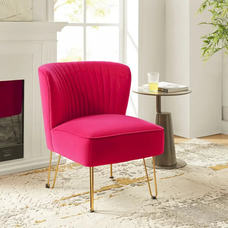 Channel-Tufted Velvet Accent Chair with Golden Metal Legs, Armless Side Chair