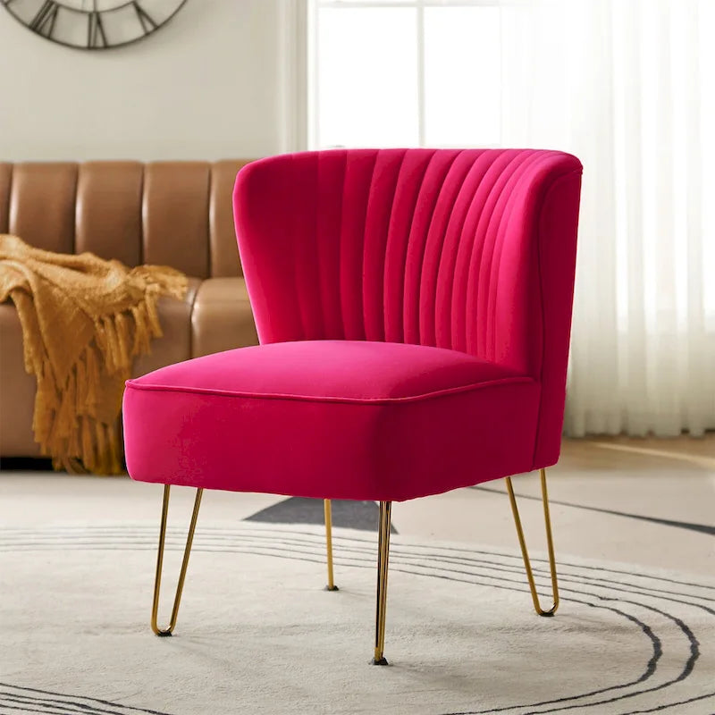 Channel-Tufted Velvet Accent Chair with Golden Metal Legs, Armless Side Chair