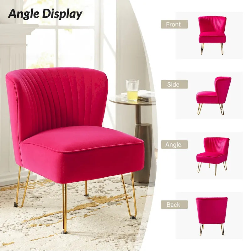 Channel-Tufted Velvet Accent Chair with Golden Metal Legs, Armless Side Chair