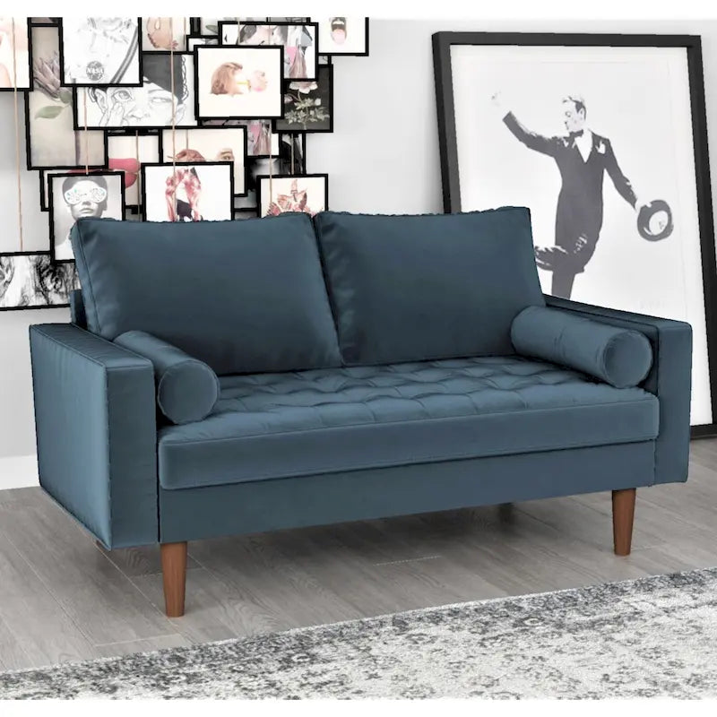 Mid-Century Modern Tufted Velvet Loveseat with Bolster Pillows, Wood Legs, Seats 2