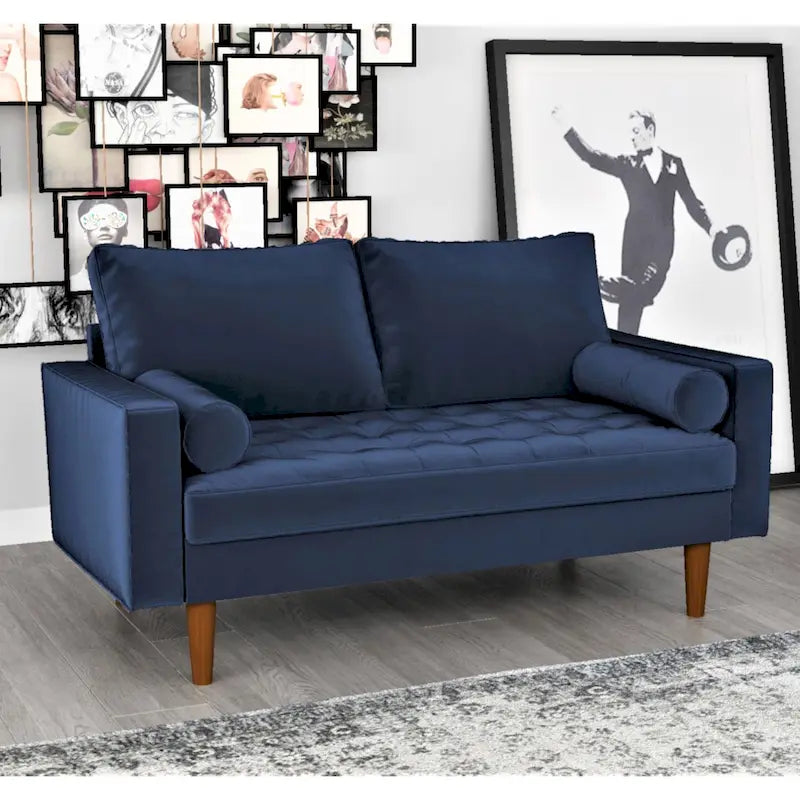 Mid-Century Modern Tufted Velvet Loveseat with Bolster Pillows, Wood Legs, Seats 2