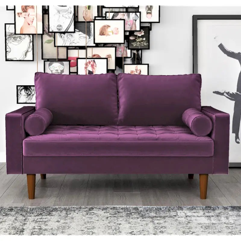 Mid-Century Modern Tufted Velvet Loveseat with Bolster Pillows, Wood Legs, Seats 2