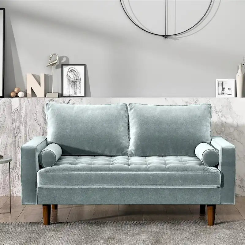 Mid-Century Modern Tufted Velvet Loveseat with Bolster Pillows, Wood Legs, Seats 2