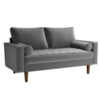 Mid-Century Modern Tufted Velvet Loveseat with Bolster Pillows, Wood Legs, Seats 2