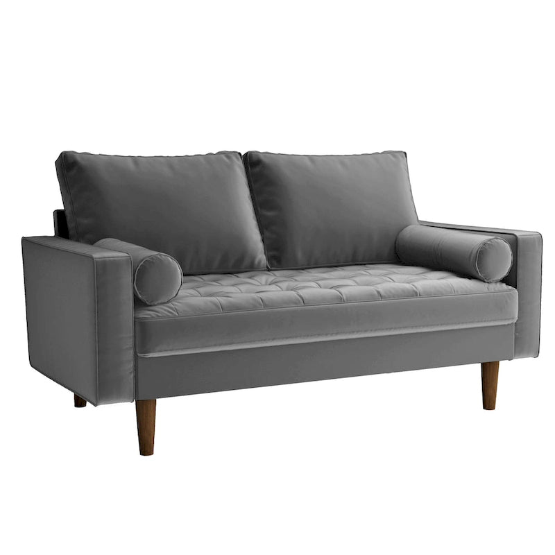 Mid-Century Modern Tufted Velvet Loveseat with Bolster Pillows, Wood Legs, Seats 2