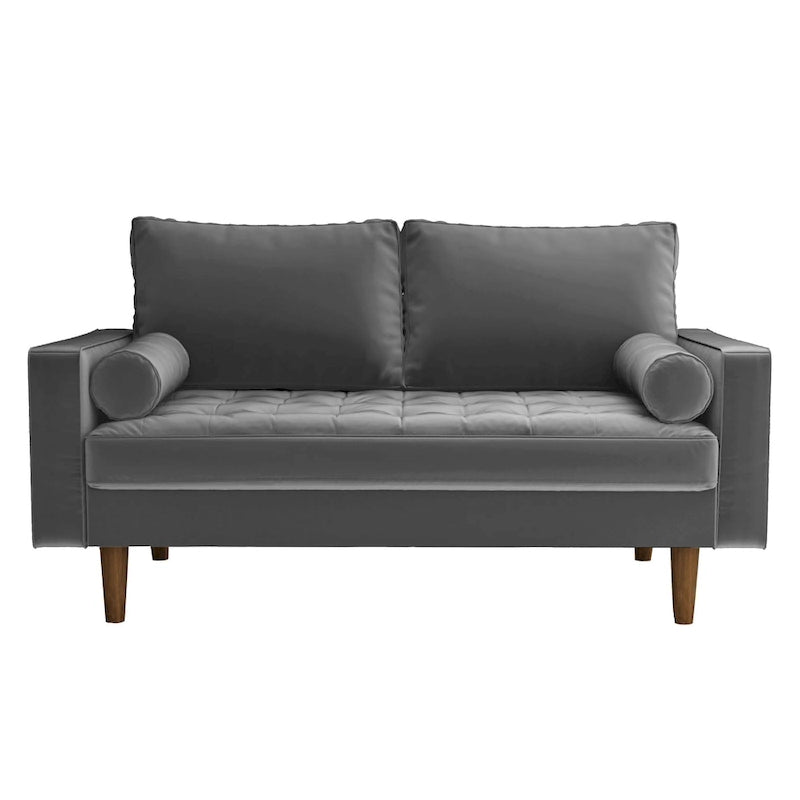 Mid-Century Modern Tufted Velvet Loveseat with Bolster Pillows, Wood Legs, Seats 2