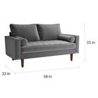 Mid-Century Modern Tufted Velvet Loveseat with Bolster Pillows, Wood Legs, Seats 2
