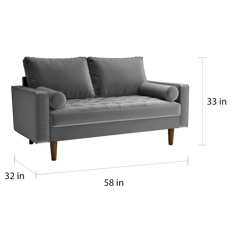 Mid-Century Modern Tufted Velvet Loveseat with Bolster Pillows, Wood Legs, Seats 2