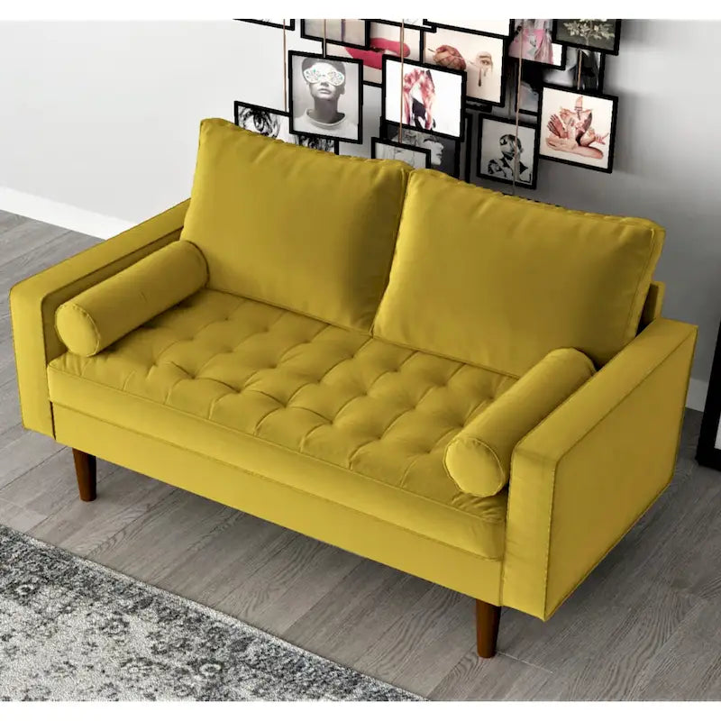 Mid-Century Modern Tufted Velvet Loveseat with Bolster Pillows, Wood Legs, Seats 2