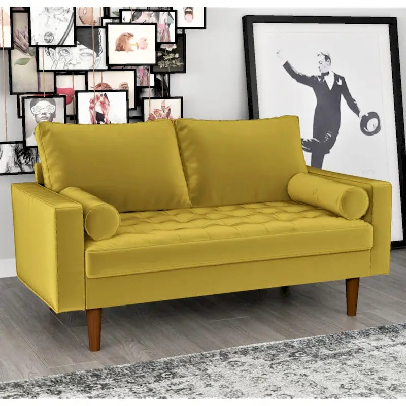 Mid-Century Modern Tufted Velvet Loveseat with Bolster Pillows, Wood Legs, Seats 2
