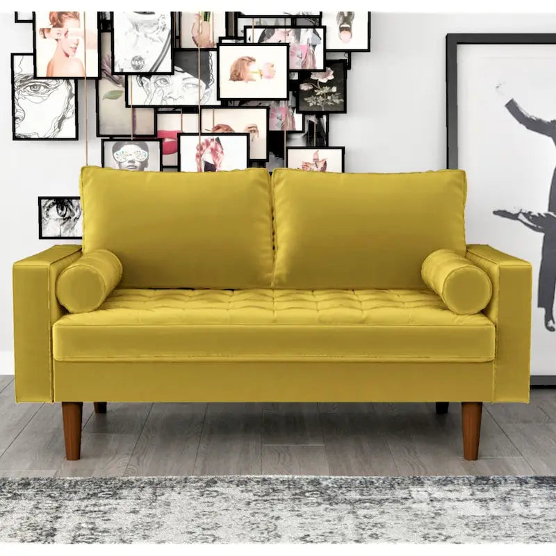 Mid-Century Modern Tufted Velvet Loveseat with Bolster Pillows, Wood Legs, Seats 2