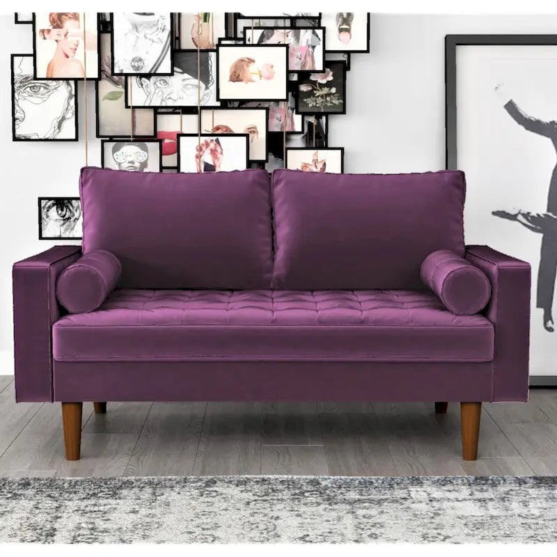 Mid-Century Modern Tufted Velvet Loveseat with Bolster Pillows, Wood Legs, Seats 2