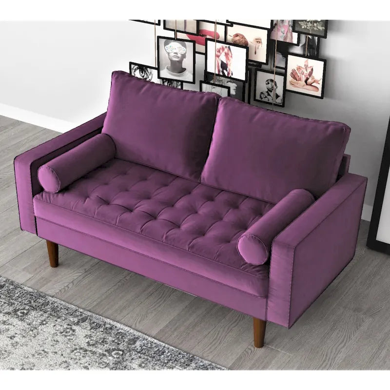 Mid-Century Modern Tufted Velvet Loveseat with Bolster Pillows, Wood Legs, Seats 2