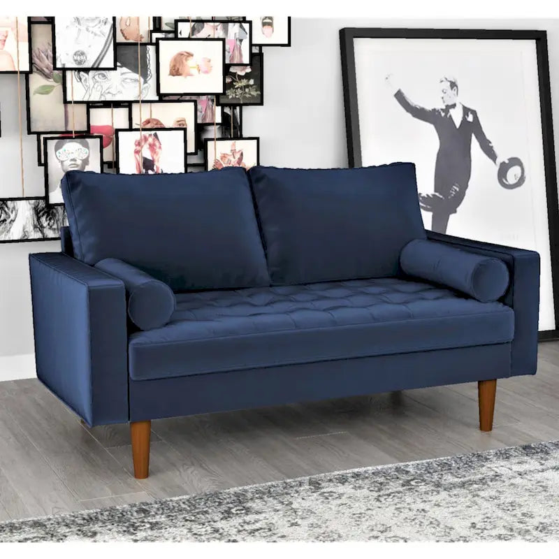 Mid-Century Modern Tufted Velvet Loveseat with Bolster Pillows, Wood Legs, Seats 2