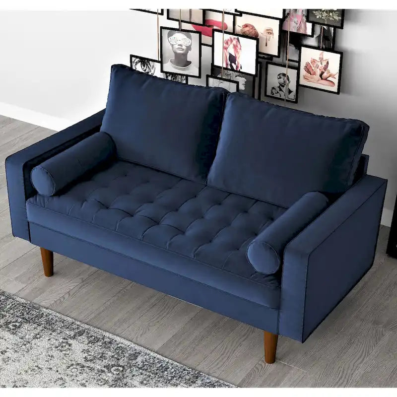 Mid-Century Modern Tufted Velvet Loveseat with Bolster Pillows, Wood Legs, Seats 2