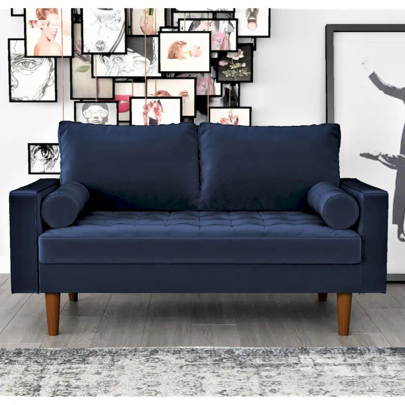 Mid-Century Modern Tufted Velvet Loveseat with Bolster Pillows, Wood Legs, Seats 2