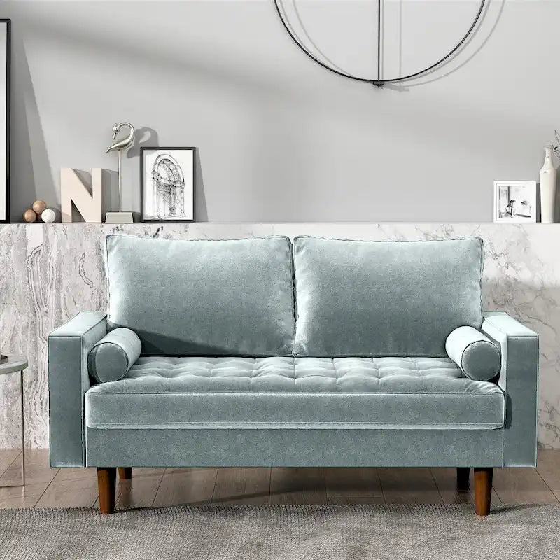 Mid-Century Modern Tufted Velvet Loveseat with Bolster Pillows, Wood Legs, Seats 2