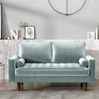 Mid-Century Modern Tufted Velvet Loveseat with Bolster Pillows, Wood Legs, Seats 2
