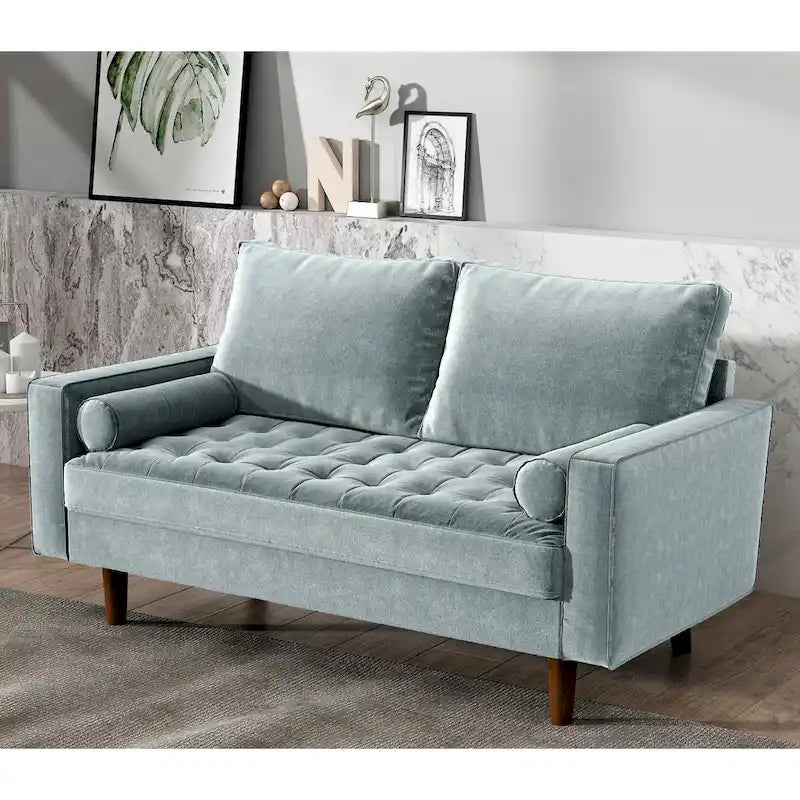 Mid-Century Modern Tufted Velvet Loveseat with Bolster Pillows, Wood Legs, Seats 2