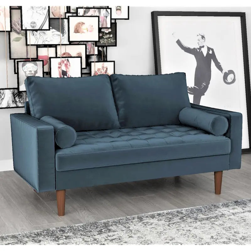Mid-Century Modern Tufted Velvet Loveseat with Bolster Pillows, Wood Legs, Seats 2