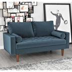 Mid-Century Modern Tufted Velvet Loveseat with Bolster Pillows, Wood Legs, Seats 2