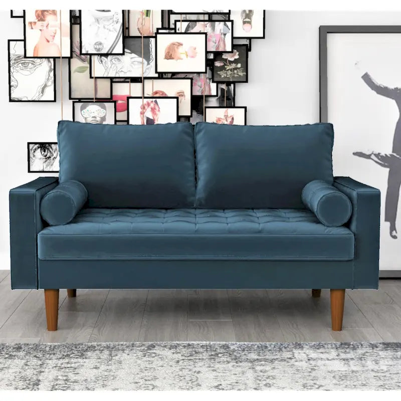 Mid-Century Modern Tufted Velvet Loveseat with Bolster Pillows, Wood Legs, Seats 2