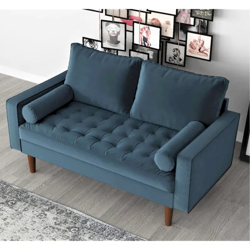 Mid-Century Modern Tufted Velvet Loveseat with Bolster Pillows, Wood Legs, Seats 2
