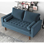 Mid-Century Modern Tufted Velvet Loveseat with Bolster Pillows, Wood Legs, Seats 2