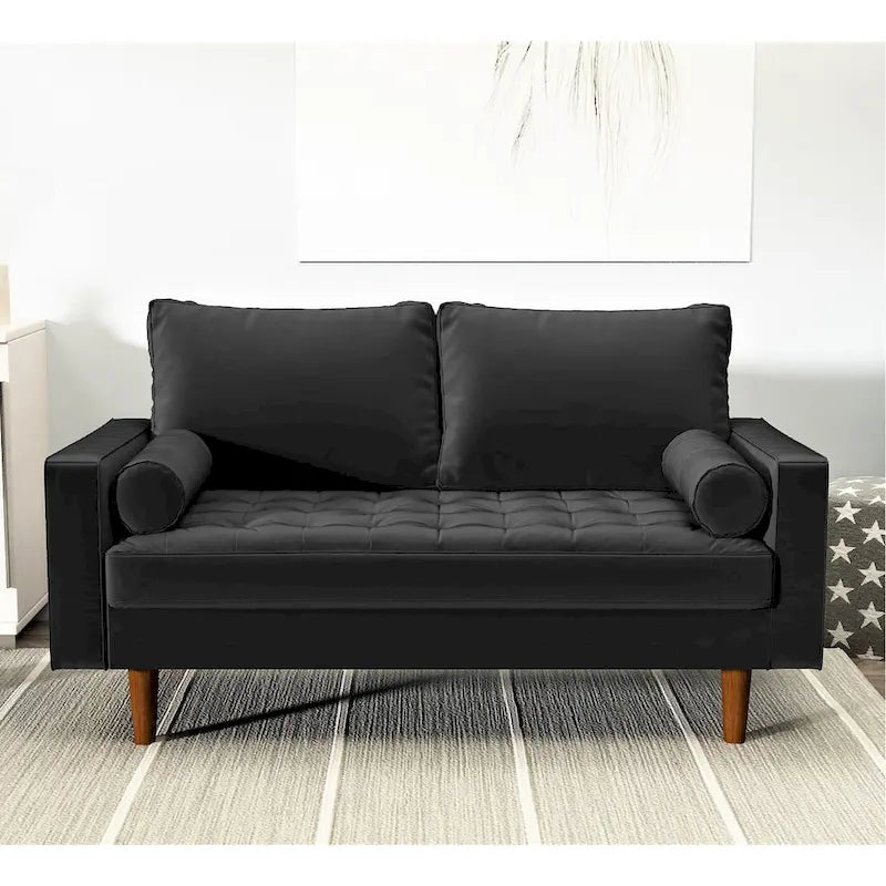 Mid-Century Modern Tufted Velvet Loveseat with Bolster Pillows, Wood Legs, Seats 2