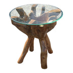 Teak Wood Root Side Table with 24" Round Glass Top, Handmade, Lacquer Finish, 24"x24"x24"