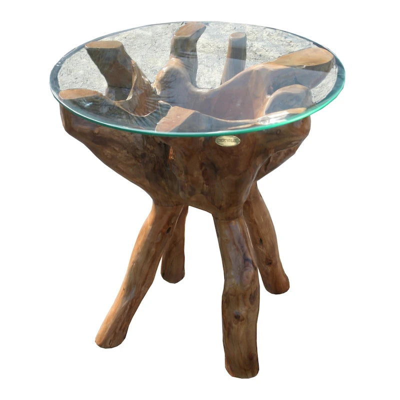 Teak Wood Root Side Table with 24" Round Glass Top, Handmade, Lacquer Finish, 24"x24"x24"