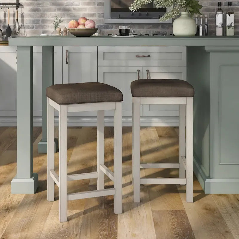 Farmhouse Counter Height Backless Stools Set of 2 - Antique White, Rubberwood Frame, 26" Seat Height