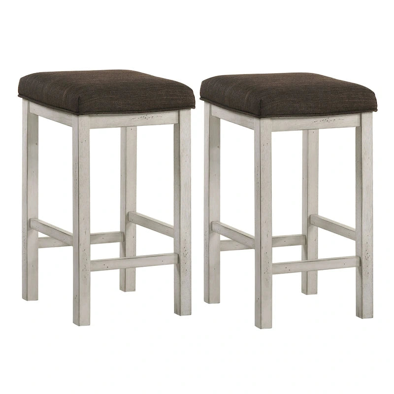 Farmhouse Counter Height Backless Stools Set of 2 - Antique White, Rubberwood Frame, 26" Seat Height